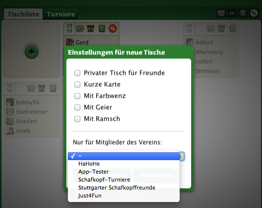 Vereinsheim Tischauswahl